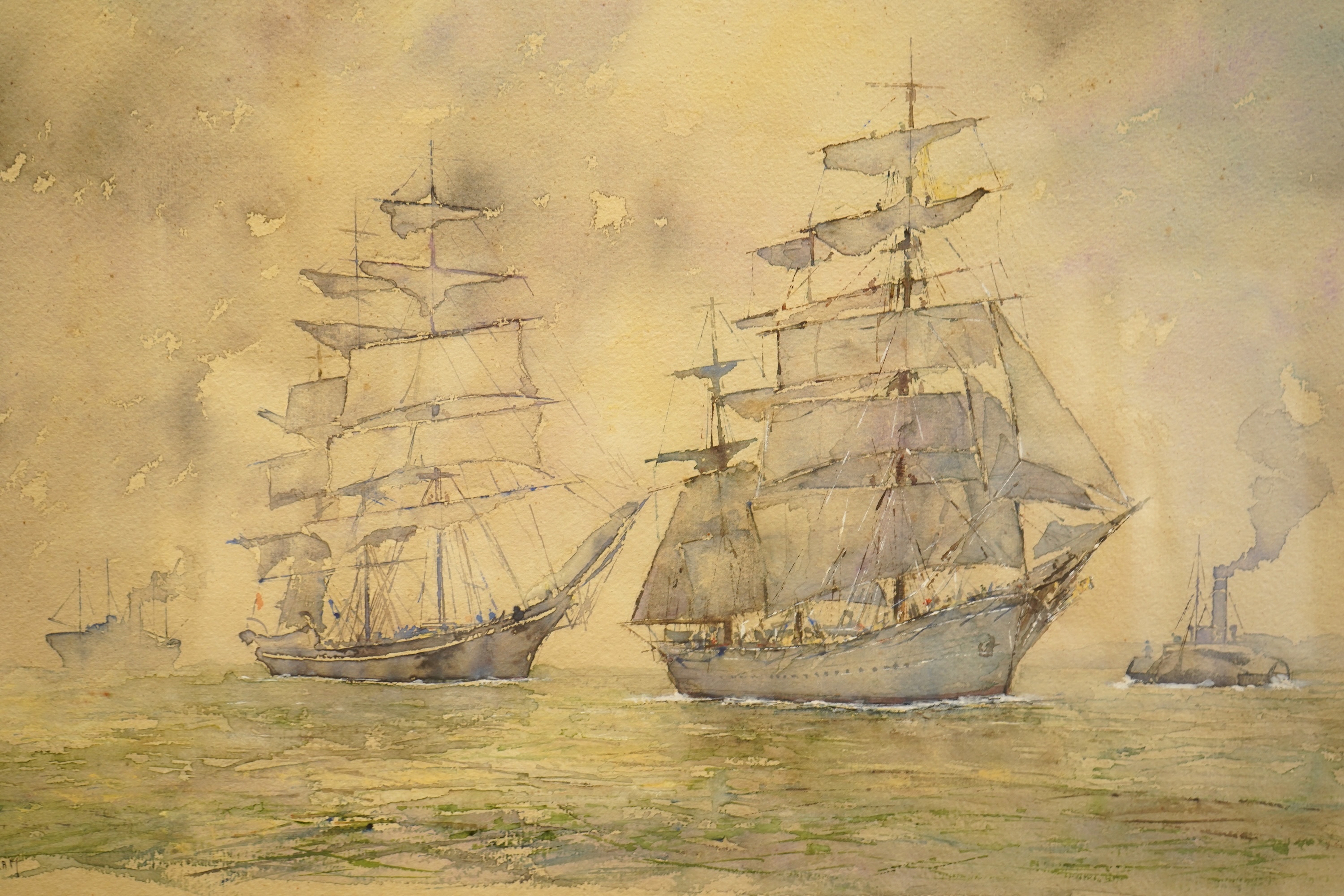 J. H. Jerram, Tall ships at sea, signed, watercolour heightened with white, 45 x 67cm
